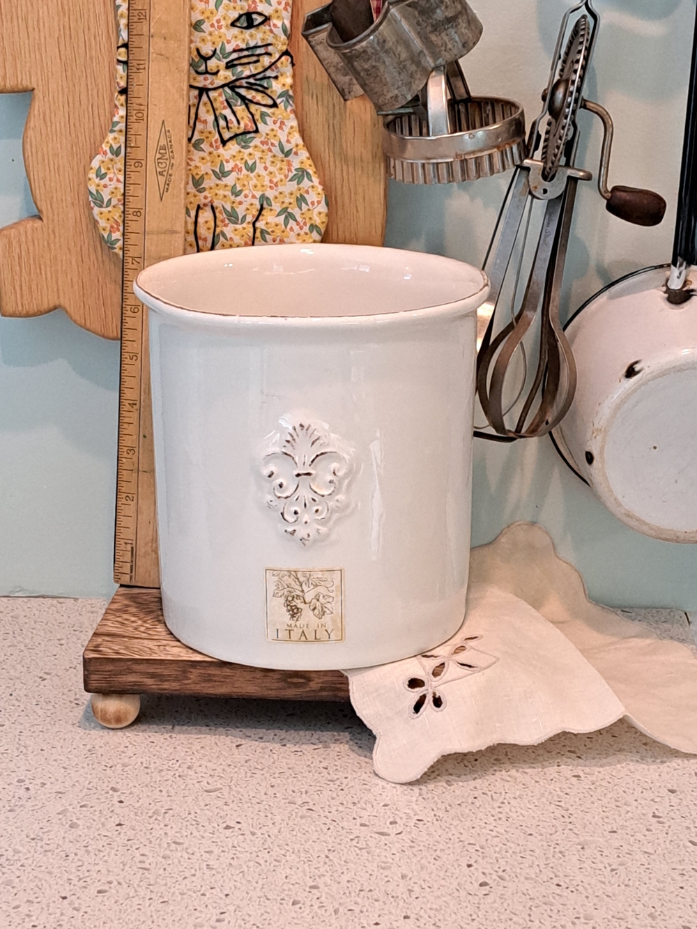 Italy White Ceramic Ice Bucket/Utensil Crock  Embossed Fleur-de-Lis( See Below)